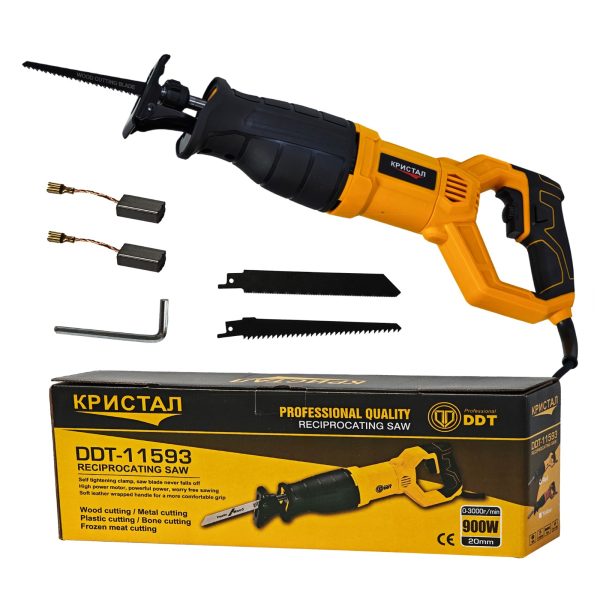 Fierastrau pendular tip sabie DDT CRISTAL, Adancime de Taiere 200 mm Lemn, 8mm Otel, 12mm Aluminiu, 900 W, Viteza Variabila  3000 rpm, GALBEN