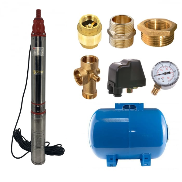 Kit complet hidrofor, Pompa submersibila de apa curata 1800 W, 12 turbine, Cablu alimentare 15 Metri, Bazin hidrofor 50 Litri, accesorii incluse