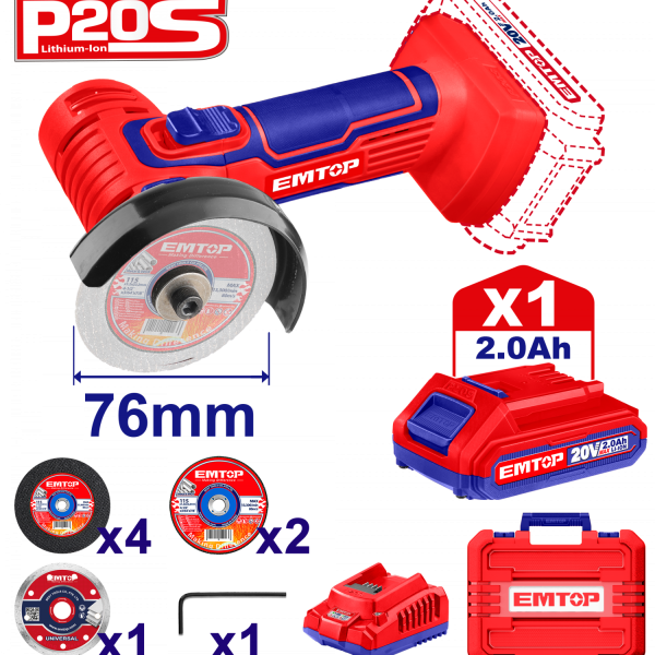 Mini polizor unghiular cu 1 acumulator 2.0Ah, 76mm, 7 discuri incluse - ELAG76017, EMTOP