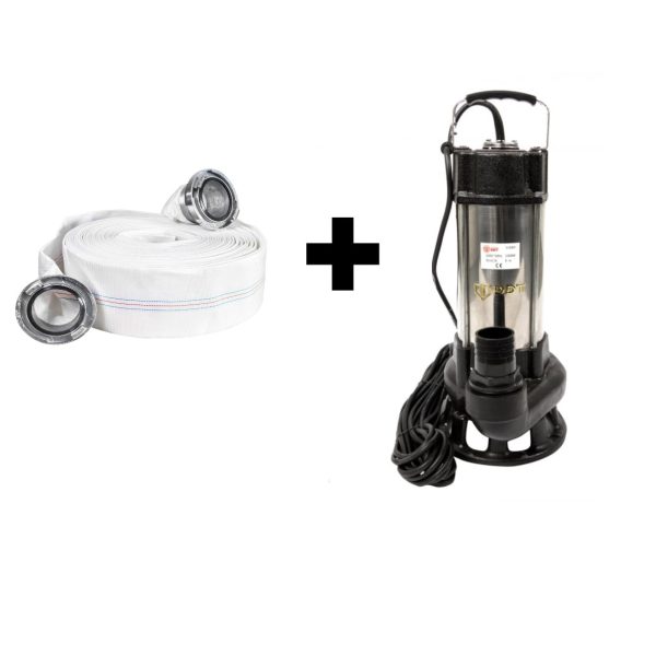 Pachet promo Pompa submersibila cu dublu tocator pentru apa murdara, DDT, V1500T, 1500W Inox + Furtunul de pompier 2'' 20 m, 8 bari, cu cuple