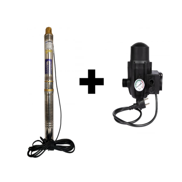 Pachet promo Pompa submersibila de adancime, DDT, QJD2-8, 1100 W, 8 turbine, Inox + Presostat electronic automat DDT, LS-4