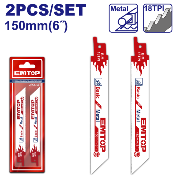 Panze de fierastrau tip sabie pentru metal, 150mm, 2 buc - ERSB922EF, EMTOP