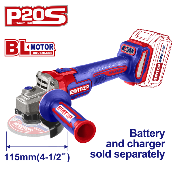 Polizor unghiular fara acumulator si incarcator, motor fara perii (brushless), 115mm - ELAG21154, EMTOP