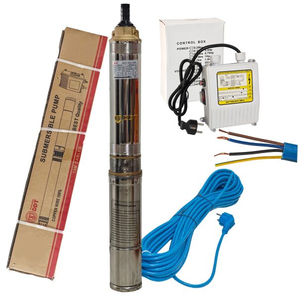 Pompa submersibila multietajata de mare adancime DDT, 4SDM2/8 DDT-0077, 1500 W, apa curata, carcasa inox-fonta,debit maxim 7000 L/h, inaltime maxim 120m, diametru pompa 100 mm, panou comanda, 15m cabl