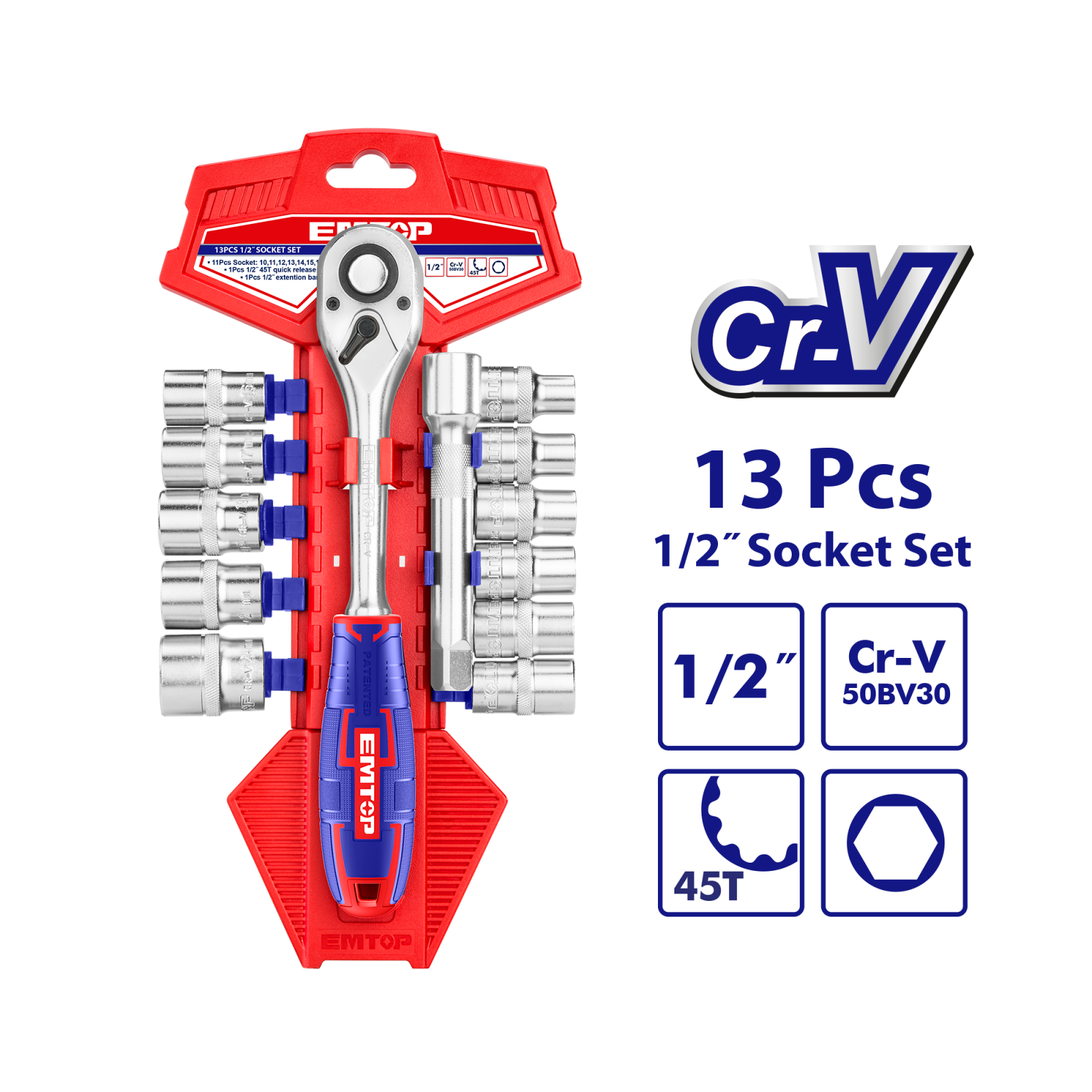 set-de-prize-1-2-13-buc-815305.png Set tubulare cu clichet 1/2″ 13 buc - ESKT12131, EMTOP - imagine 1