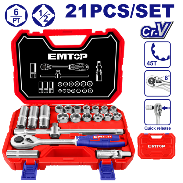 Set tubulare cu clichet  1/2", 21 componente, cutie de transport - ESKT12211, EMTOP