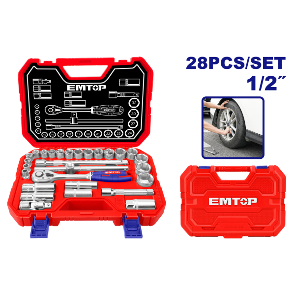 Set tubulare cu clichet 1/2″ 28 buc, cutie de transport - ESKT12281, EMTOP