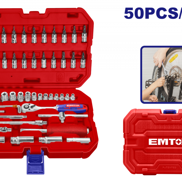 Set tubulare cu clichet 1/4″, 50 componente, cutie de transport - ESKT14501, EMTOP