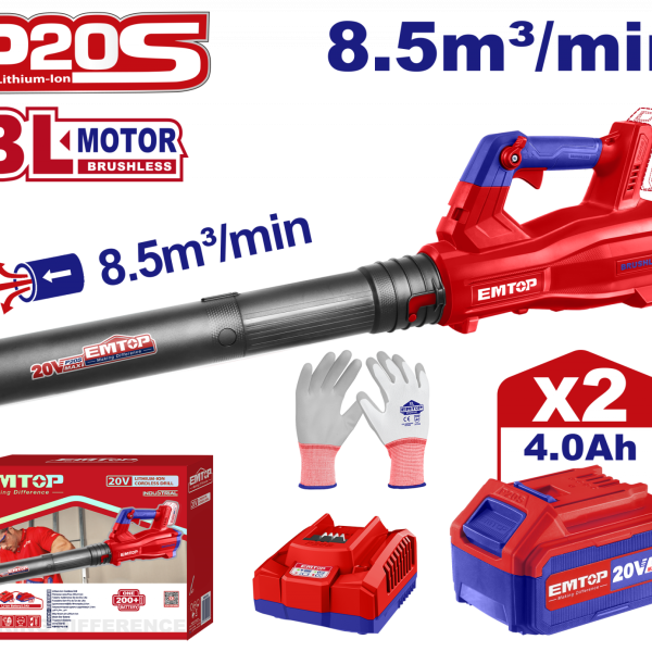 Suflanta cu 2 acumulatori 4.0Ah, motor fara perii (brushless), 8.5m3/min - ELAB204282, EMTOP